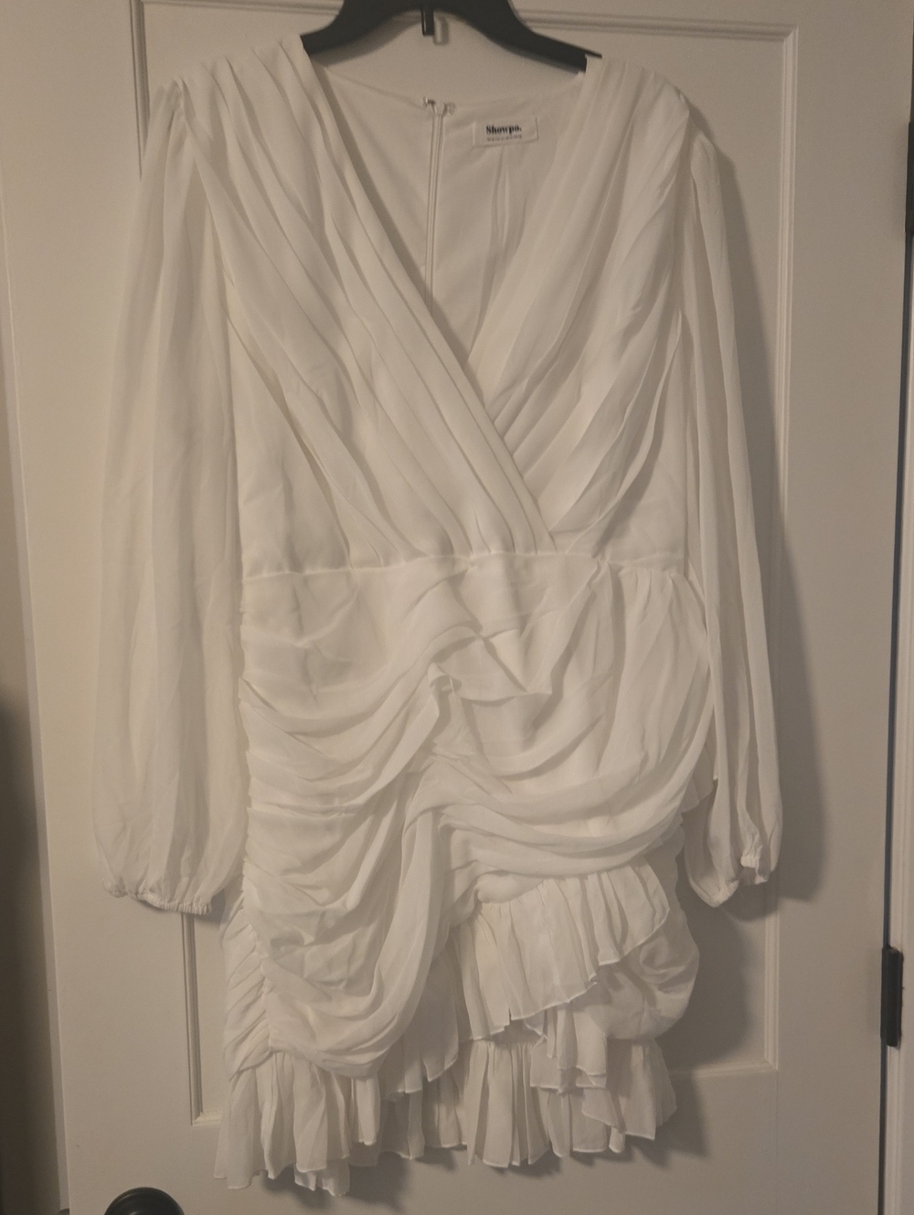 Showpo White Ruched V-Neck Long Sleeve Mini Dress